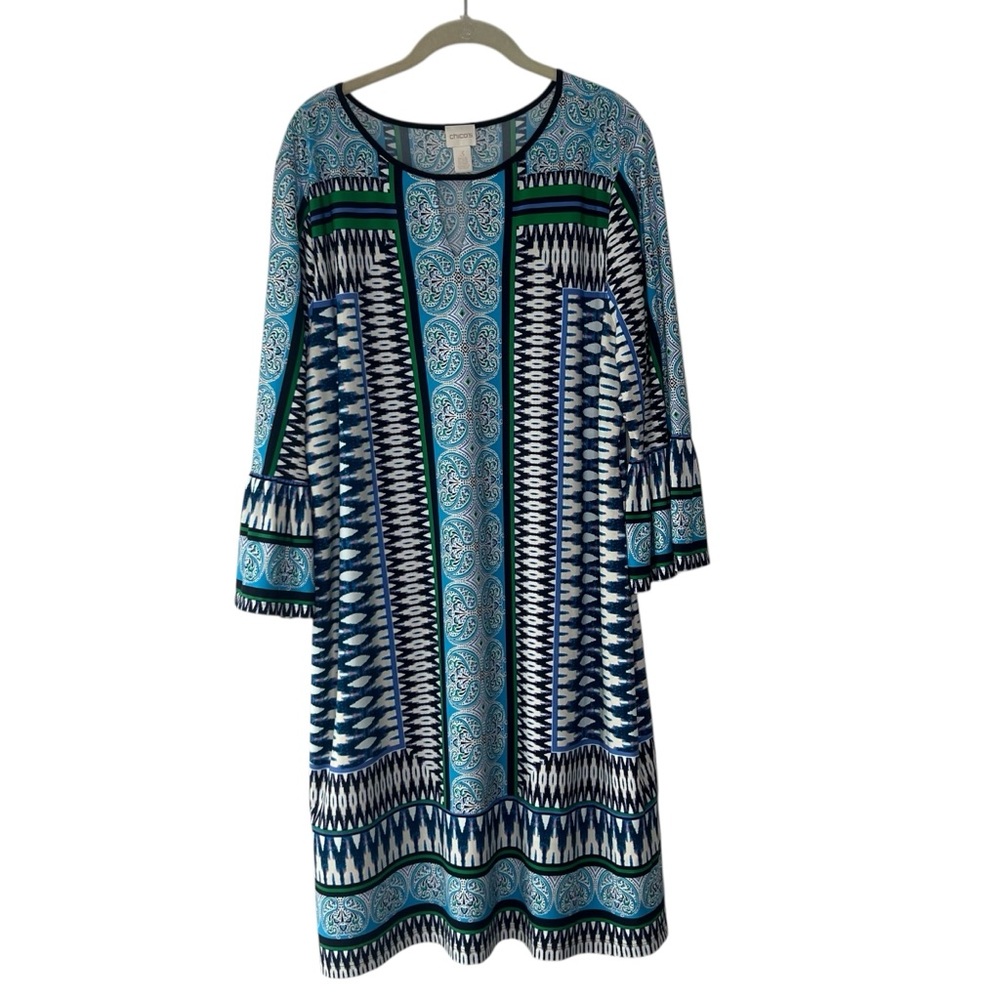 Chico’s blue and green keyhole dress ruffle sleeves Sz